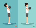 Man wrong and right dumbbell curl posture,vector illustration Royalty Free Stock Photo