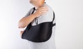 A man& x27;s arm in a black bandage for immobilization of the elbow joint after an injury. Bandage for rehabilitation Royalty Free Stock Photo