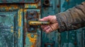 A man& x27;s hand holding a door handle on an old rusty building, AI Royalty Free Stock Photo