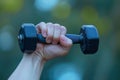 Man's hand holding dumbbells outdoor in summer. Close up, concept of healthy and sport lifestyle. Royalty Free Stock Photo