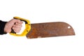 a man& x27;s hand holds an old rusty saw isolated on a white background Royalty Free Stock Photo