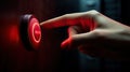 a man& x27;s hand hovering above a prominent red button set against a dark, suspenseful background. The image conveys the