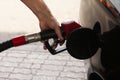 Man& x27;s hand is inserting a gas pump nozzle in a fuel tank, Car refueling on the petrol station, Oil and gas concept Royalty Free Stock Photo