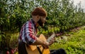 Man & x27;s hand playing acoustic guitar, song. Nature background. Guitars acoustic. Male musician playing guitar Royalty Free Stock Photo