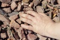 A man& x27;s hand rests on Crimson Quartzite. Chipped rubble stone. R Royalty Free Stock Photo