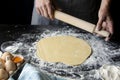 The man& x27;s hands prepare the dough for the preparation of pizza and home baking Royalty Free Stock Photo