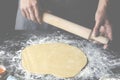 The man& x27;s hands prepare the dough for the preparation of pizza and home baking Royalty Free Stock Photo