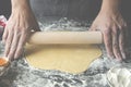 The man& x27;s hands prepare the dough for the preparation of pizza and home baking Royalty Free Stock Photo