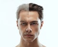 Man& x27;s portrait in comparison youth and maturity, old age. Skin aging process, wrinkles. Plastic surgery, beauty Royalty Free Stock Photo