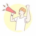 Man yelling through megaphone. Hand drawn flat character vector style Royalty Free Stock Photo