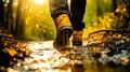Man in yellow boots walking through muddy forest puddles in autumn