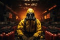 Man in yellow chemical protective costume and gas mask