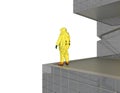 Man in yellow chemical protective suit standing on the edge of modern building on white background Royalty Free Stock Photo