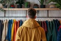 Man in yellow jacket browsing Outerwear on clothes hangers in store Royalty Free Stock Photo
