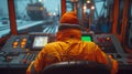 A man in a yellow jacket and a hat stands in front of the control panel of a ship. Royalty Free Stock Photo