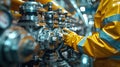 A man in a yellow jacket is working on a machine with many valves Royalty Free Stock Photo
