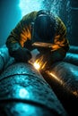 A man in a yellow jacket is working on a pipe Royalty Free Stock Photo