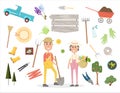 grandparents with gardening equipment on a white background Royalty Free Stock Photo