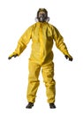 man in yellow protective suit and gas mask isolated