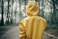 Man in a yellow raincoat with a hood stands on the road in a dark scary forest