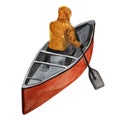 Man in a yellow raincoat sits in a red kayak with a paddle in his hands watercolor illustration Royalty Free Stock Photo