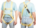 Man in yellow safety Climbing Harness isolated on white background