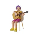 man in a yellow shirt, purple pants, sits in a chair, plays guitar on a white background. 3D render illustration