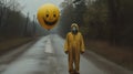 Eerie Staged Photography: Person Walking With Yellow Smiley Balloon