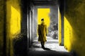 Man in yellow walking away from a grey yellow corridor. Generative AI