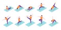 Man yoga poses, boy fitness exercise, isometric