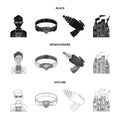 Man, young, glasses, and other web icon in black,monochrome,outline style. Superman, belt, gun icons in set collection.