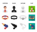 Man, young, glasses, and other web icon in cartoon,black,outline,flat style. Superman, belt, gun icons in set collection