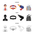 Man, young, glasses, and other web icon in cartoon,black,outline style. Superman, belt, gun icons in set collection.