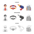 Man, young, glasses, and other web icon in cartoon,outline,monochrome style. Superman, belt, gun icons in set collection