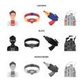 Man, young, glasses, and other web icon in cartoon,black,monochrome style. Superman, belt, gun icons in set collection.