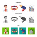 Man, young, glasses, and other web icon in cartoon,flat,monochrome style. Superman, belt, gun icons in set collection.