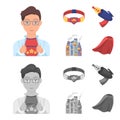 Man, young, glasses, and other web icon in cartoon,monochrome style. Superman, belt, gun icons in set collection.