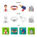 Man, young, glasses, and other web icon in cartoon,outline,flat style. Superman, belt, gun icons in set collection.