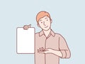 Man young holding lift up white blank banner paper simple korean style illustration