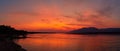 Mana Pools scene. Panoramic view of red sunset on african Zambezi river. The dramatic, red sky reflects on the surface of border Royalty Free Stock Photo