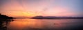 Mana Pools scene. Panoramic view of red sunset on african Zambezi river. The dramatic, red sky reflects on the surface of border Royalty Free Stock Photo