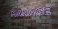 MANAGE - Glowing Neon Sign on stonework wall - 3D rendered royalty free stock illustration