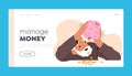 Manage Money Landing Page Template. Senior Male Character Shaking Piggy Bank with Coins Fall Down on Desk