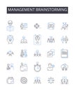 Management brainstorming line icons collection. Competitive, Enthusiastic, Involved, Diligent, Engaged, Passionate