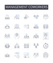 Management coworkers line icons collection. Discipline workers, Administration staff, Supervision colleagues