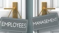 Management or employees as a choice in life - pictured as words employees, management on doors to show that employees and