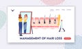 Management of Hair Loss Landing Page Template. Woman Admire of her Shag in Mirror. Tiny Doctor with Huge Comb