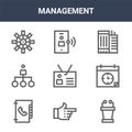 9 management icons pack. trendy management icons on white background. thin outline line icons such as tribune, calendar,