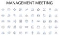 Management meeting line icons collection. Marketing, Advertising, Promotions, Salesmanship, Pitch, Discount, Campaign