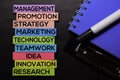 Management, Promotion, Strategy, Marketing, Technology, Teamwork, Idea, Innovation, Research text on sticky notes isolated on